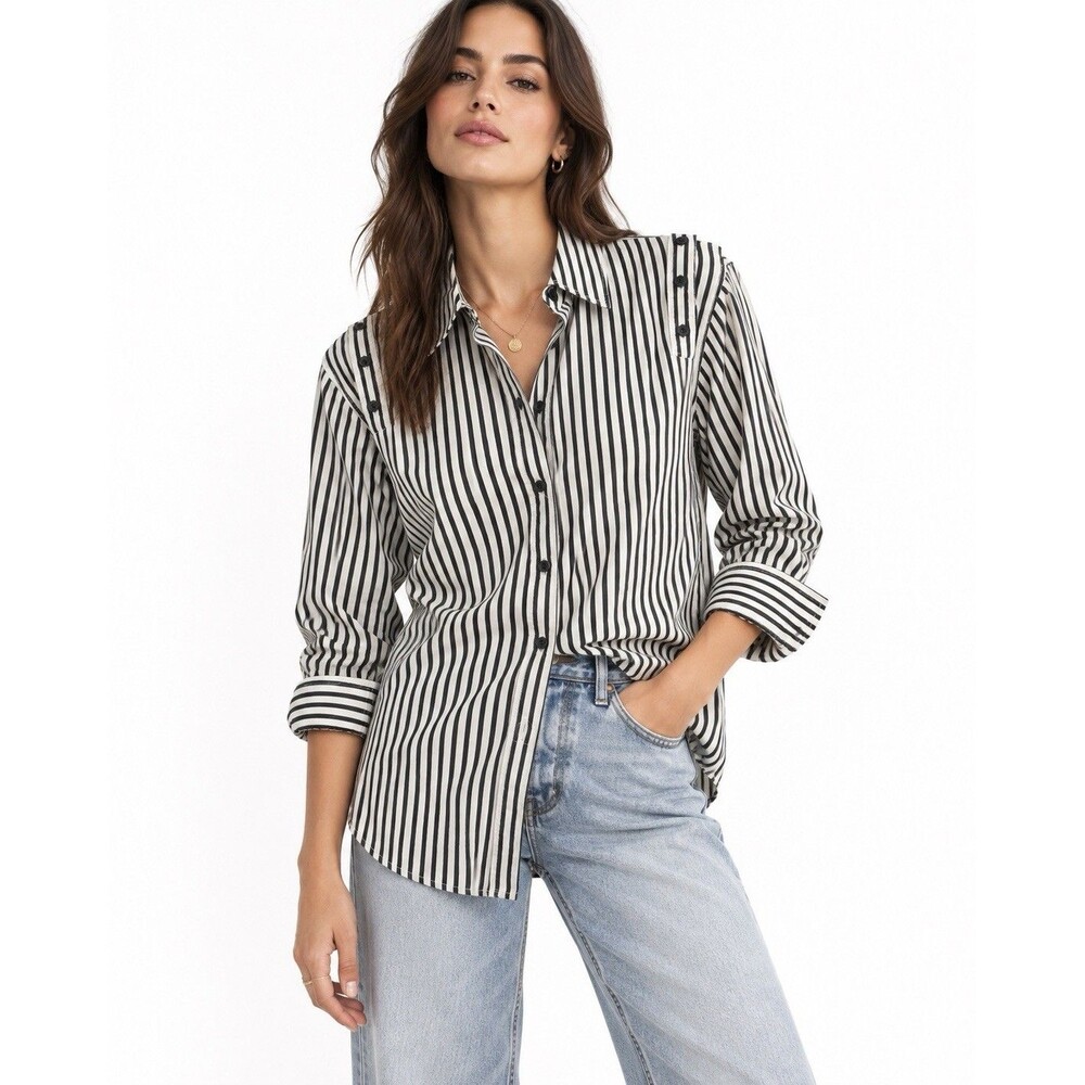 Current/Elliott Black White Striped Button Down Shirt Size 3 Large Button Accent